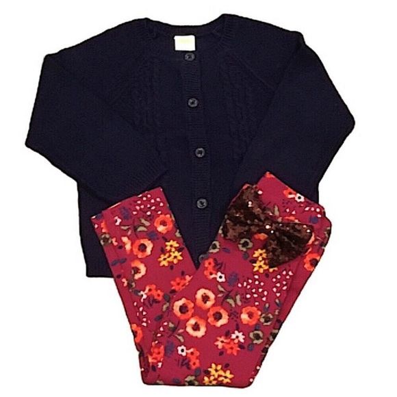 Navy Cardigan Floral Leggings Sequin Bow Set Sz 2T - Picture 3 of 11